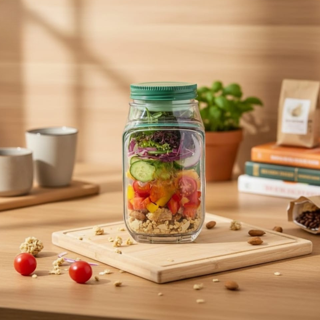Salad jar with green lid displayed on a wooden kitchen counter