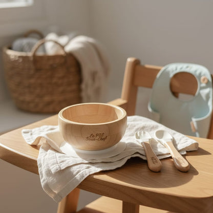 Wooden bowl, spoons, and bib on a wooden table with a basket in the background.