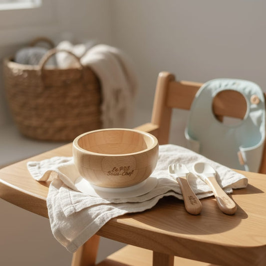 Wooden bowl, spoons, and bib on a wooden table with a basket in the background.