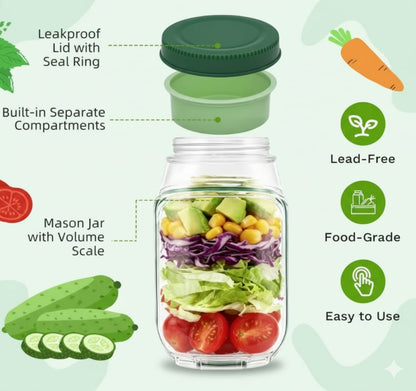 Leak-Proof Salad Jar with Built-In Dressing Bowl