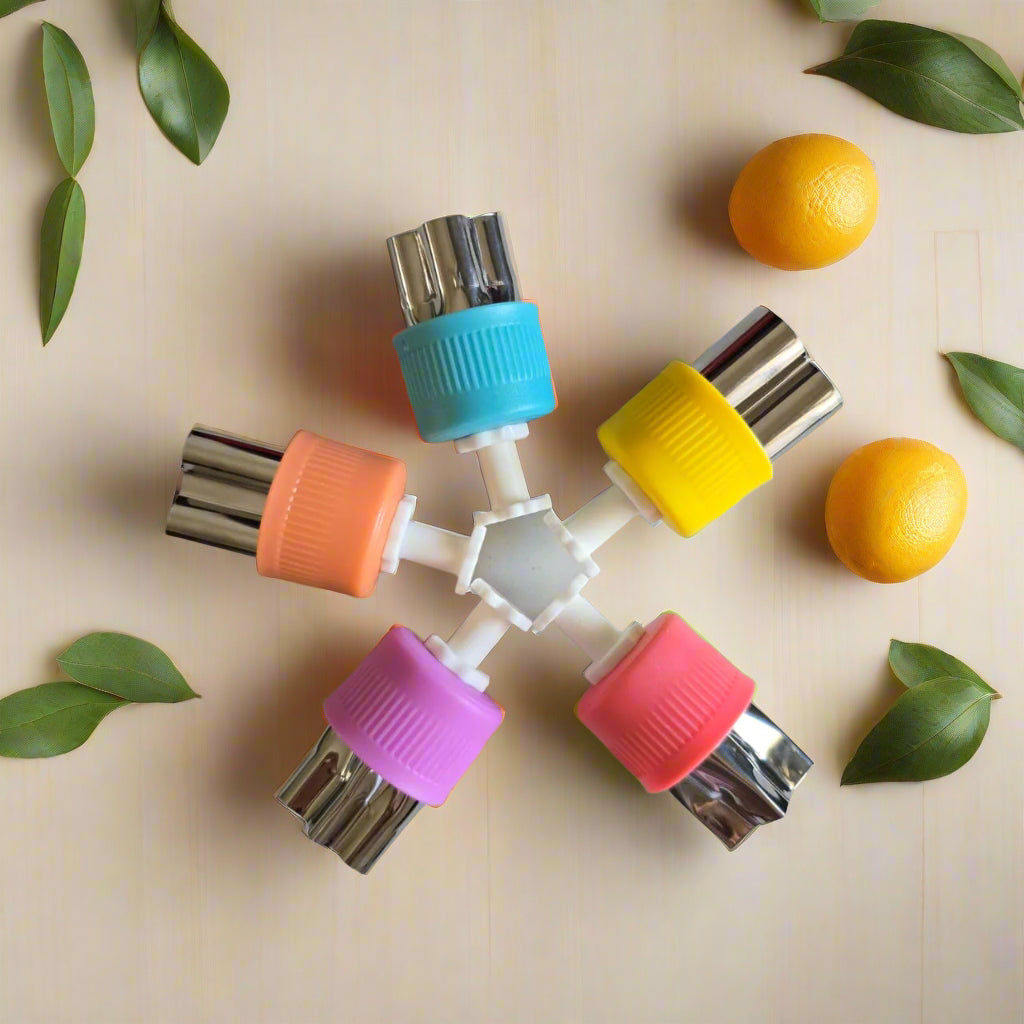 fruit cutter, shapes mafe from bpa free plastic handle and stainless steel on a table with orange 