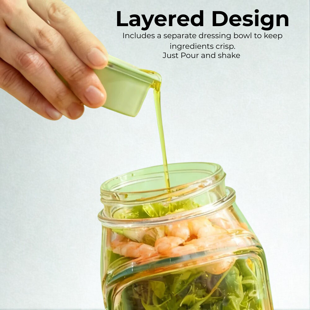 Hand pouring dressing into a leak proof salad jar with a separate bowl, text about layered design.
