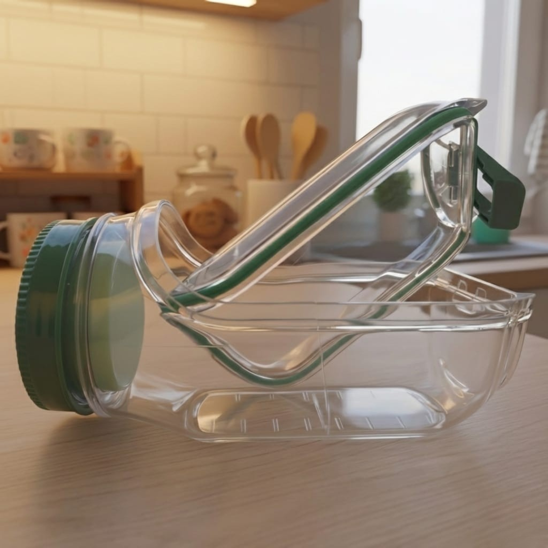 Clear BPA free PP leak proof salad jar with side opening and green lid on a kitchen counter