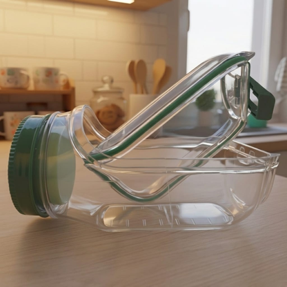 Clear BPA free PP leak proof salad jar with side opening and green lid on a kitchen counter