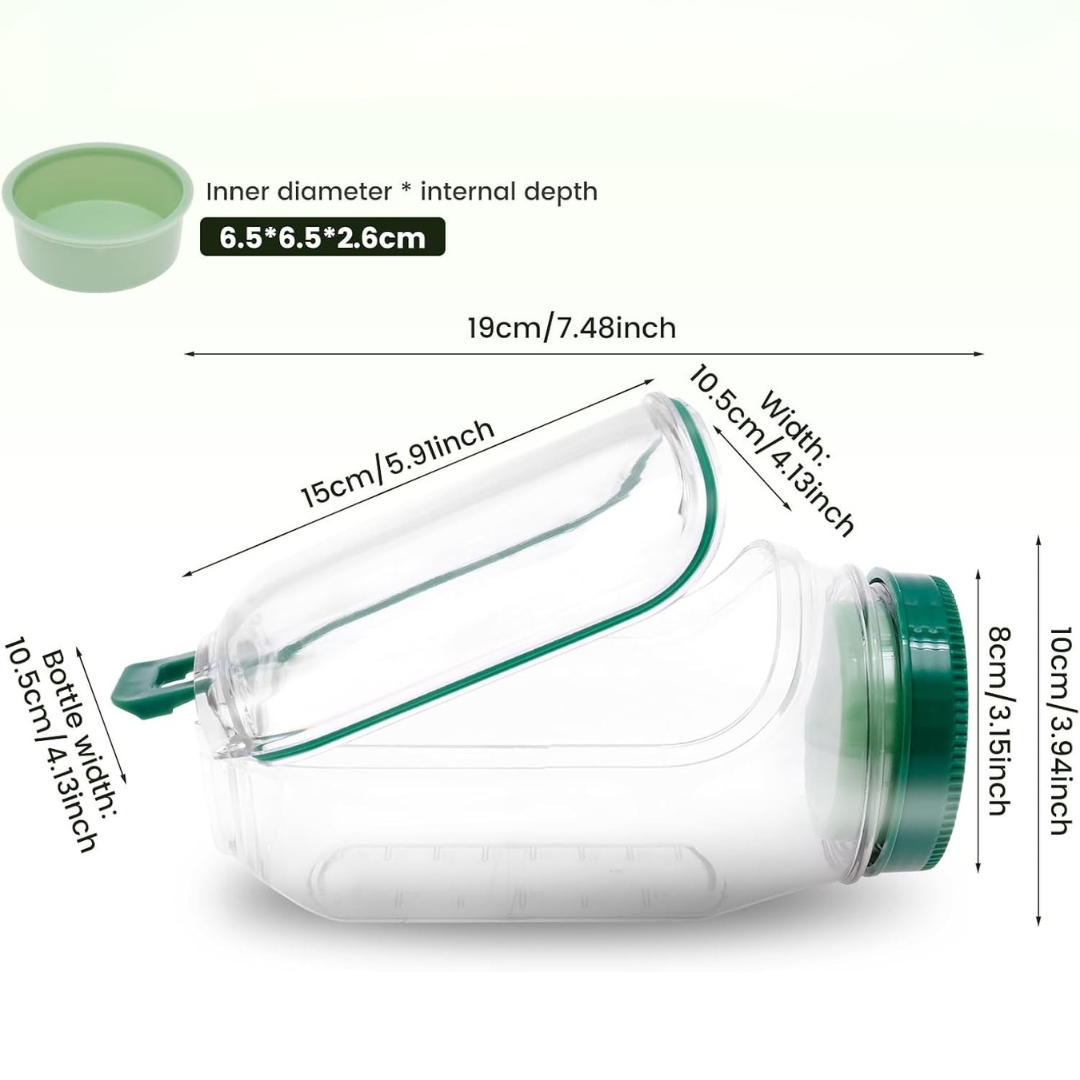 Measurement chart of a clear leak proof salad jar with side opening with green cap on a white background