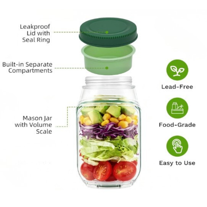 Leak-Proof Salad Jar with Built-In Dressing Bowl